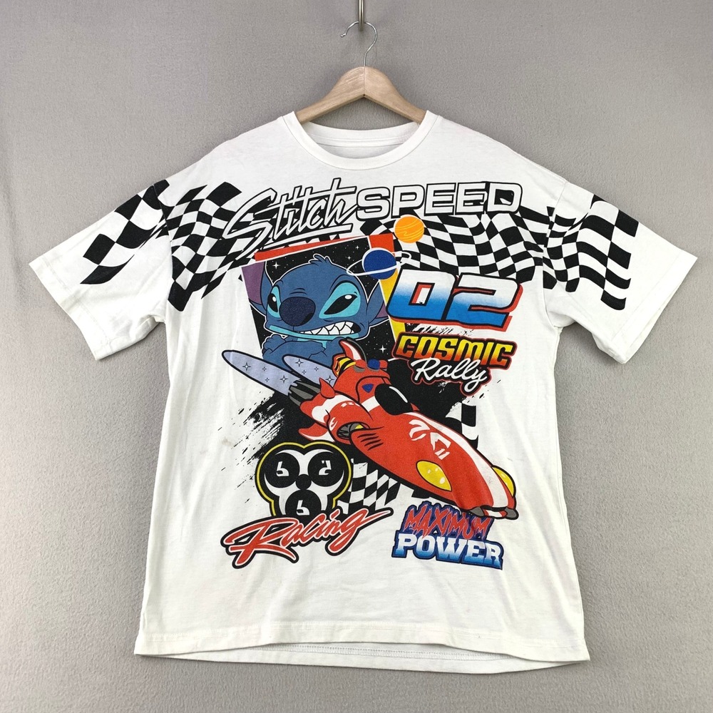 Disney Stitch Speed Cosmic Rally T-Shirt Mens M White Racing Checker Graphic Tee